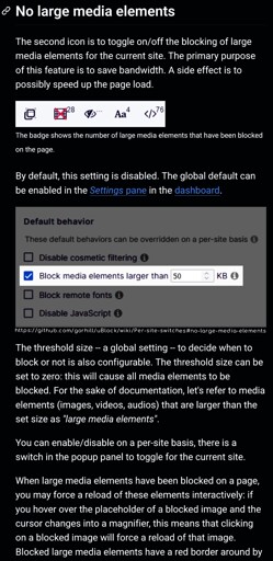 Screenshot of https://github.com/gorhill/uBlock/wiki/Per-site-switches#no-large-media-elements