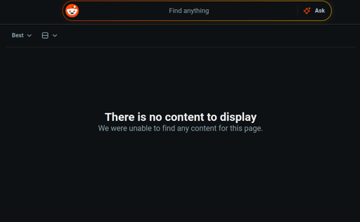 Screenshot of the empty Home feed on Reddit which says "There is no content to display"